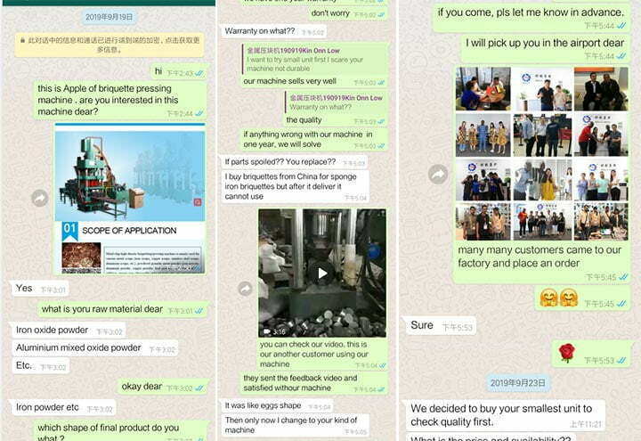 Our chat history with metal briquetting machine customers
